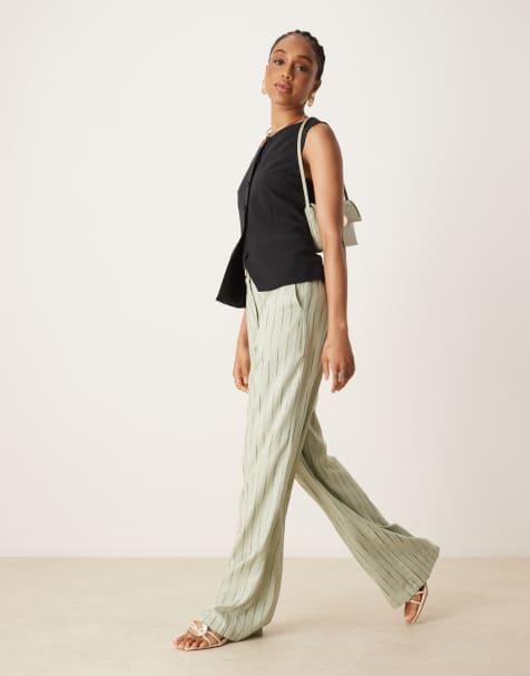 ASOS DESIGN Tall relaxed straight leg trousers with linen in sage squiggle stripe