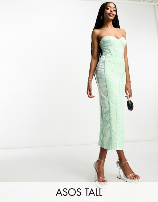 ASOS DESIGN Tall – Szałwiowozielona sukienka midi z dekoltem bandeau, marszczeniami z siateczki i satynowymi wstawkami