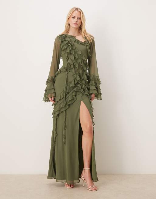 ASOS DESIGN Tall – Szyfonowa sukienka maxi z asymetrycznymi warstwowymi falbankami i długimi rękawami w kolorze khaki