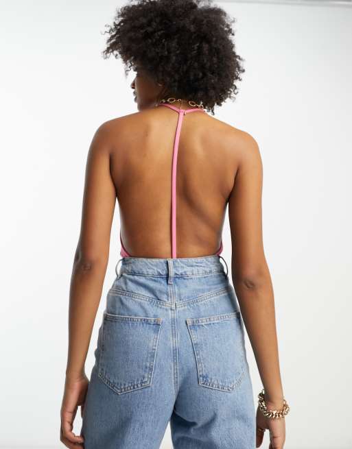 ASOS DESIGN Tall T back bodysuit in pink rib