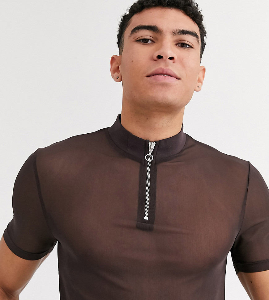 ASOS DESIGN Tall - T-shirt attillata in rete sottile con zip corta-Marrone