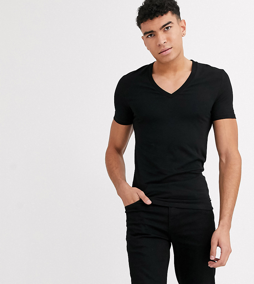 ASOS DESIGN Tall - T-shirt attillata nera con profondo scollo a V-Nero
