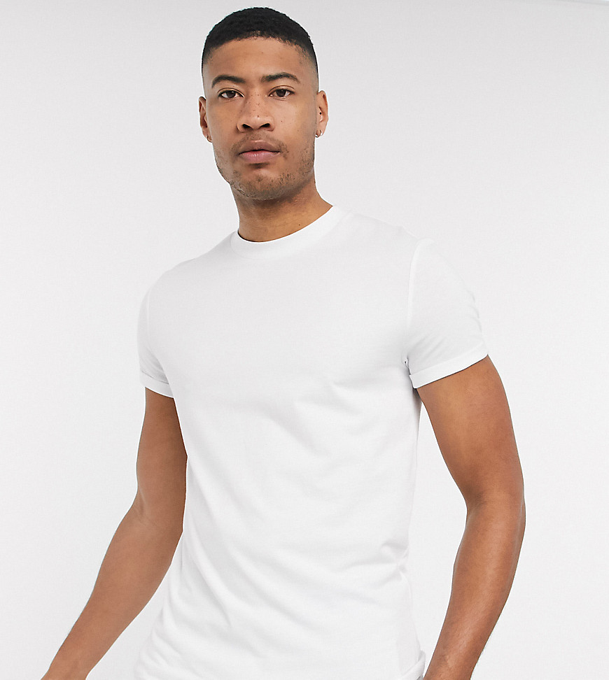 ASOS DESIGN Tall - T-shirt girocollo con maniche con risvolto bianca-Bianco