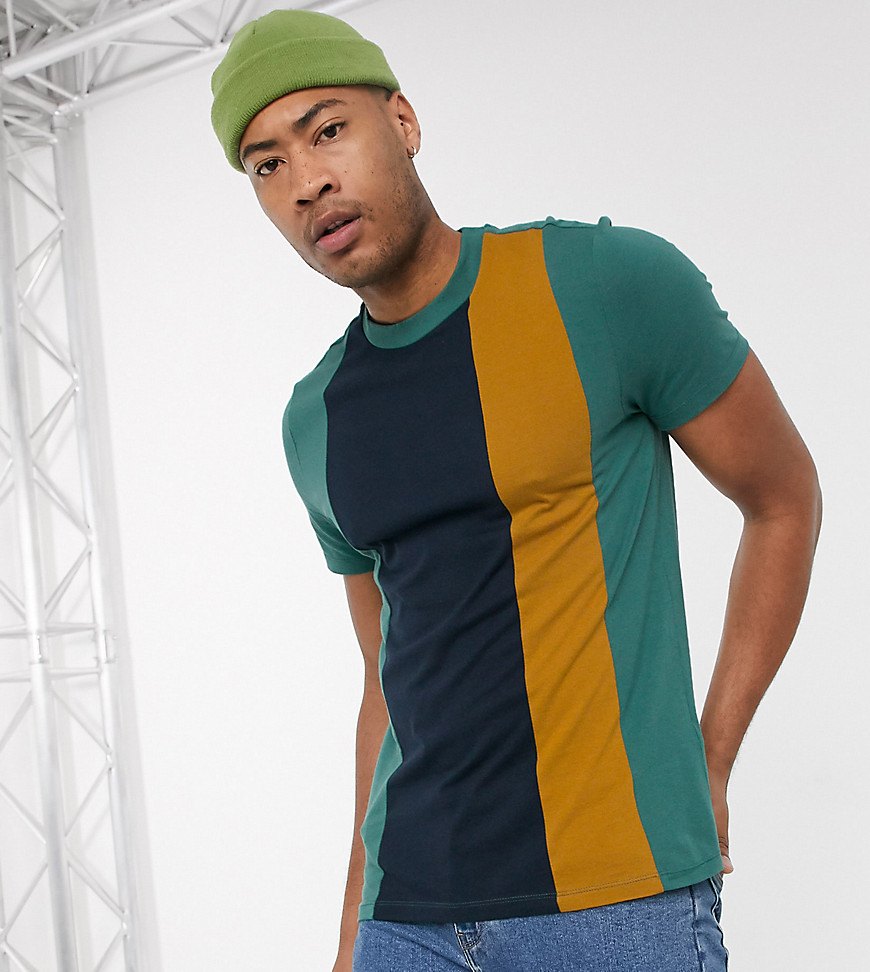 ASOS DESIGN Tall - T-shirt in tessuto organico blu navy con color block verticale-Verde