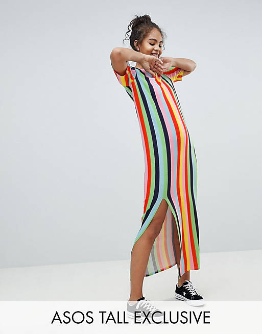 ASOS DESIGN Tall t-shirt maxi dress in rainbow stripe