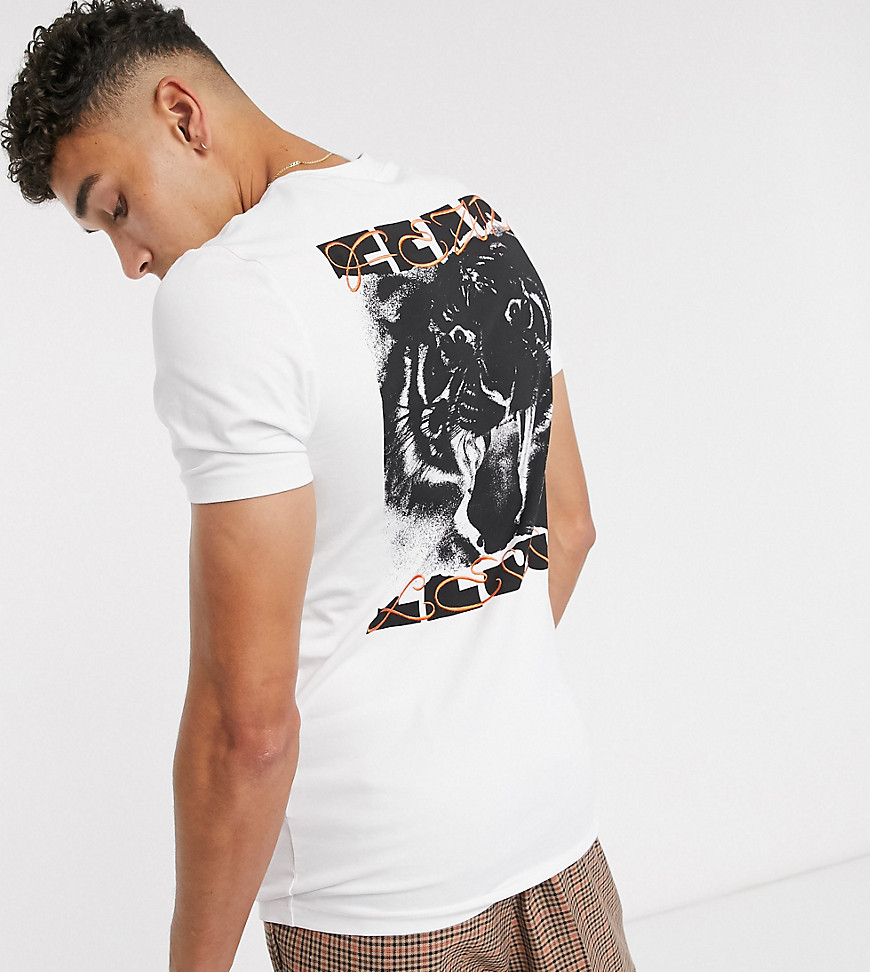 ASOS DESIGN Tall – T-shirt med extra smal passform, tigermönster baktill och kontrasterande broderad text-Vit