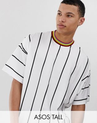 ASOS DESIGN Tall – T-shirt med vertikala ränder och kontrasterande band i halsringningen-Vit