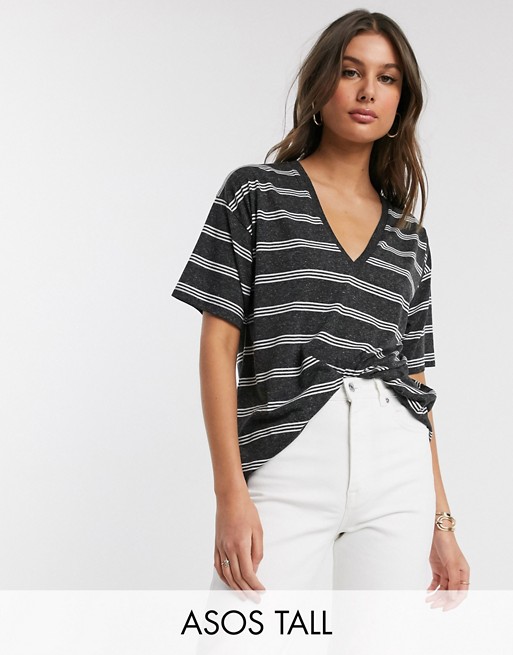 ASOS DESIGN Tall t-shirt with v-neck in linen mix in charcoal with stripe