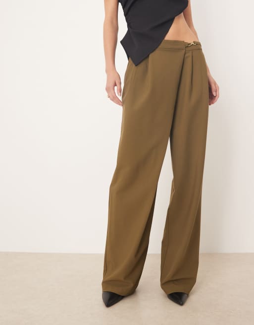 ASOS DESIGN Tall tailored asymmetric wrap wide leg pants with buckle detail in khaki 
