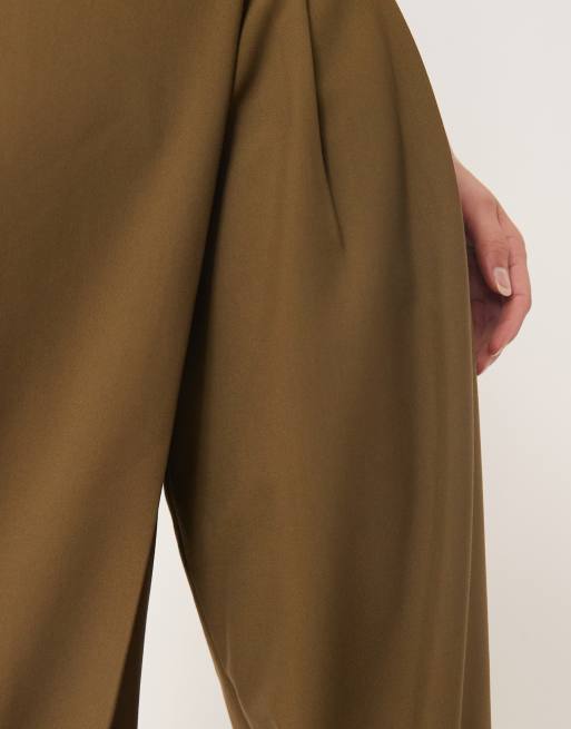ASOS DESIGN Tall tailored asymmetric wrap wide leg pants with buckle detail in khaki 