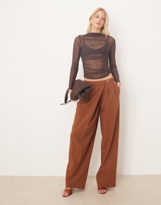 Asos Tall Asos Design Tall Tailored Asymmetric Wrap Wide Leg Pants With Buckle Detail In Brown