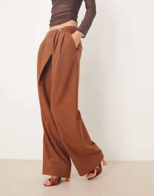 Asos Tall Asos Design Tall Tailored Asymmetric Wrap Wide Leg Pants With Buckle Detail In Brown