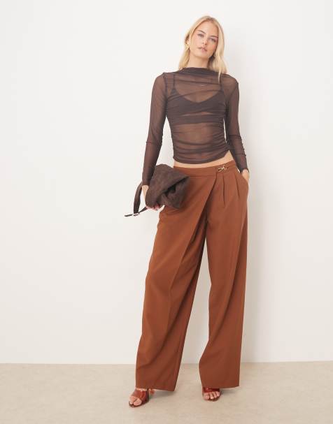 ASOS DESIGN Tall tailored asymmetric wrap wide leg trousers with buckle detail in tobacco  - view 1