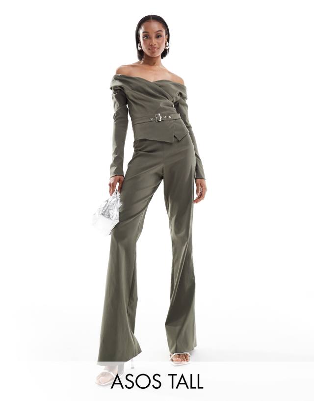 ASOS Tall - ASOS DESIGN Tall tailored bardot with belt jumpsuit in khaki