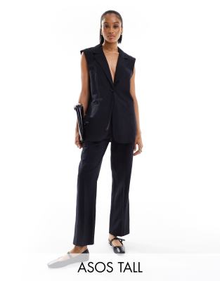 ASOS DESIGN Tall tailored belted linen blend pants in black