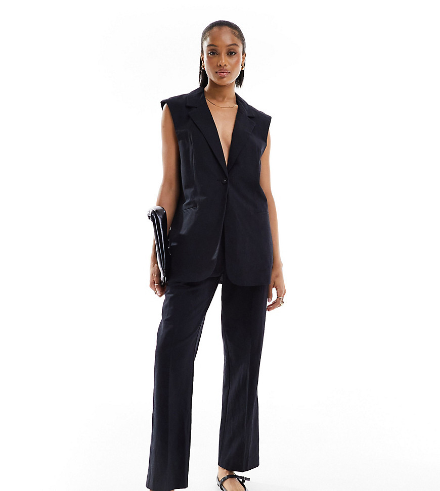 ASOS DESIGN Tall tailored belted linen blend pants in black