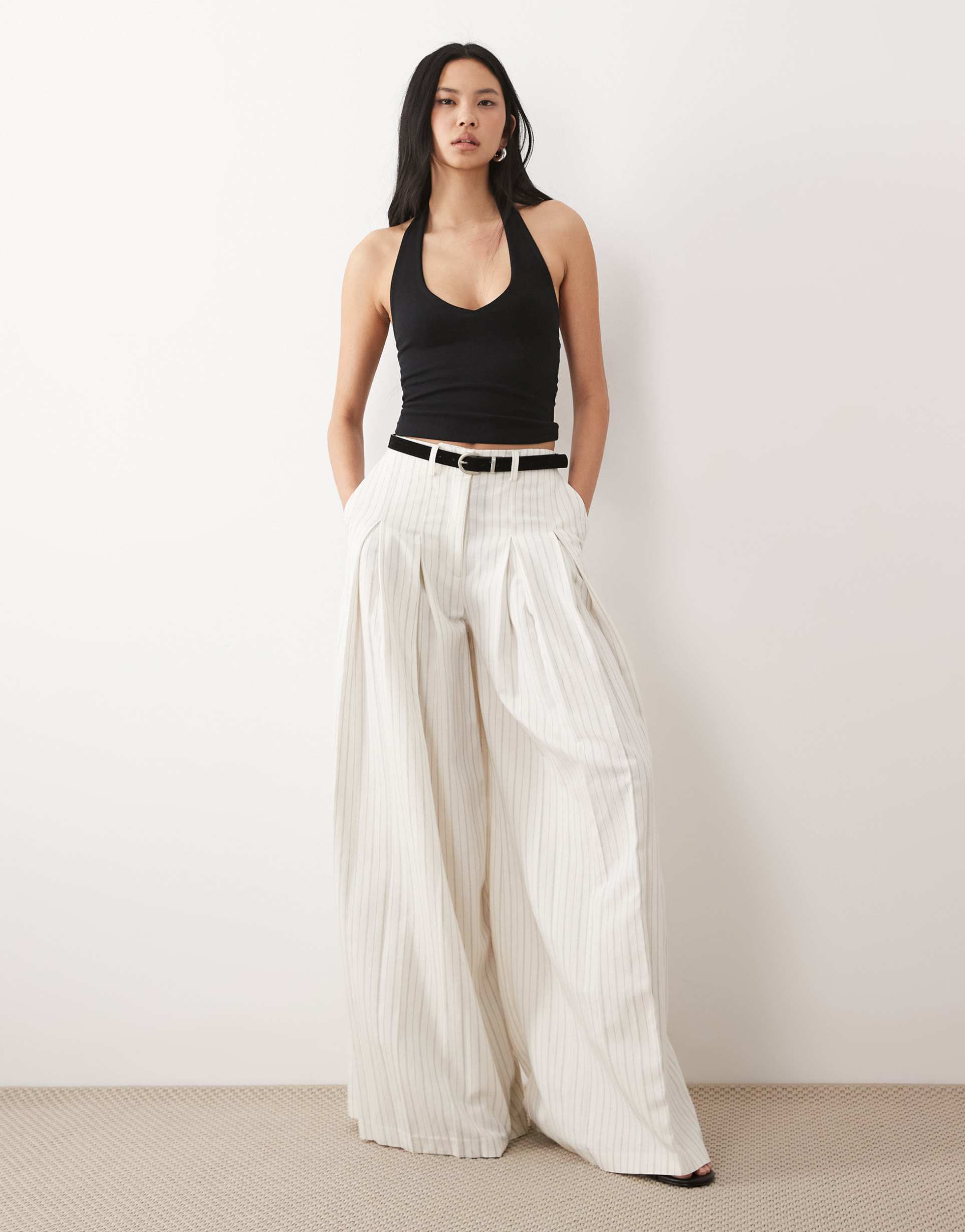 asos design tall tailored belted palazzo pants with linen in ecru stripe