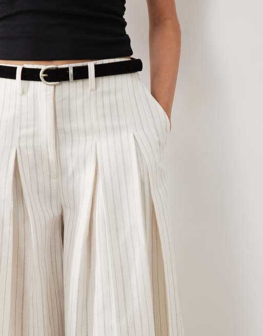 ASOS DESIGN Tall tailored belted palazzo pants with linen in ecru stripe , 5 of 5