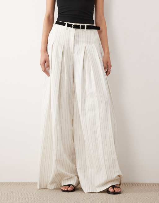 ASOS DESIGN Tall tailored belted palazzo trousers with linen in ecru stripe , 2 of 5