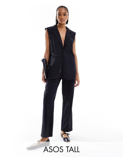 ASOS DESIGN Tall tailored belted pants with linen in black - view 1