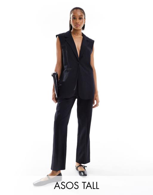 ASOS DESIGN Tall tailored belted pants with linen in black