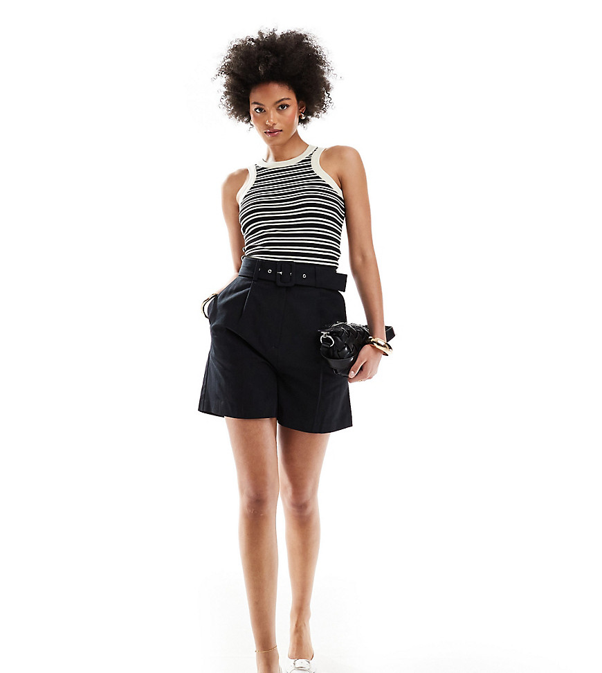 ASOS DESIGN Tall tailored belted shorts with linen in black