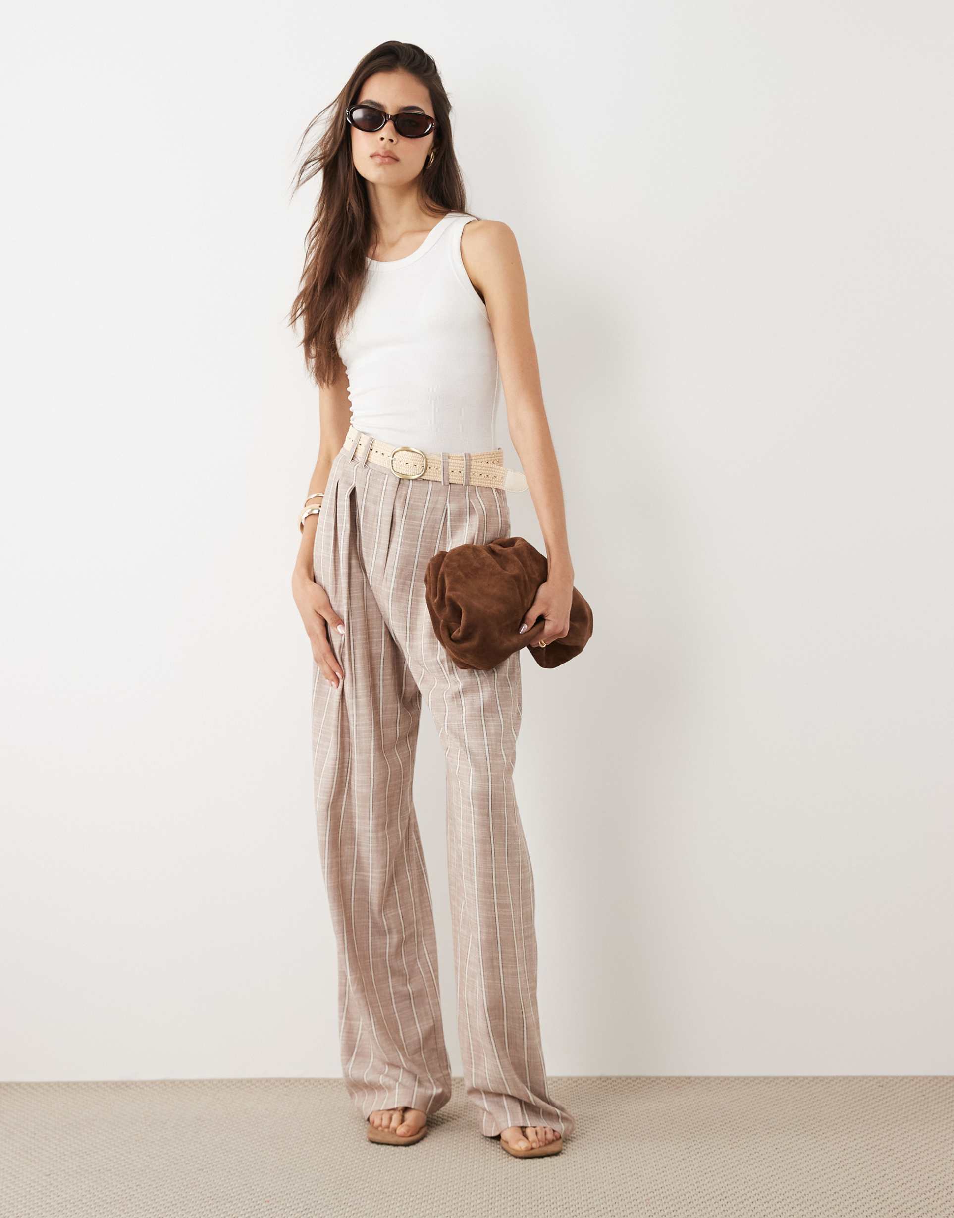 asos design tall tailored belted wide leg linen blend pants in stripes