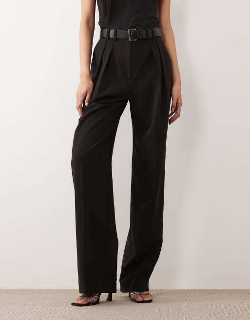 ASOS DESIGN Tall tailored belted wide leg pants with pleat detail in black, 2 of 5