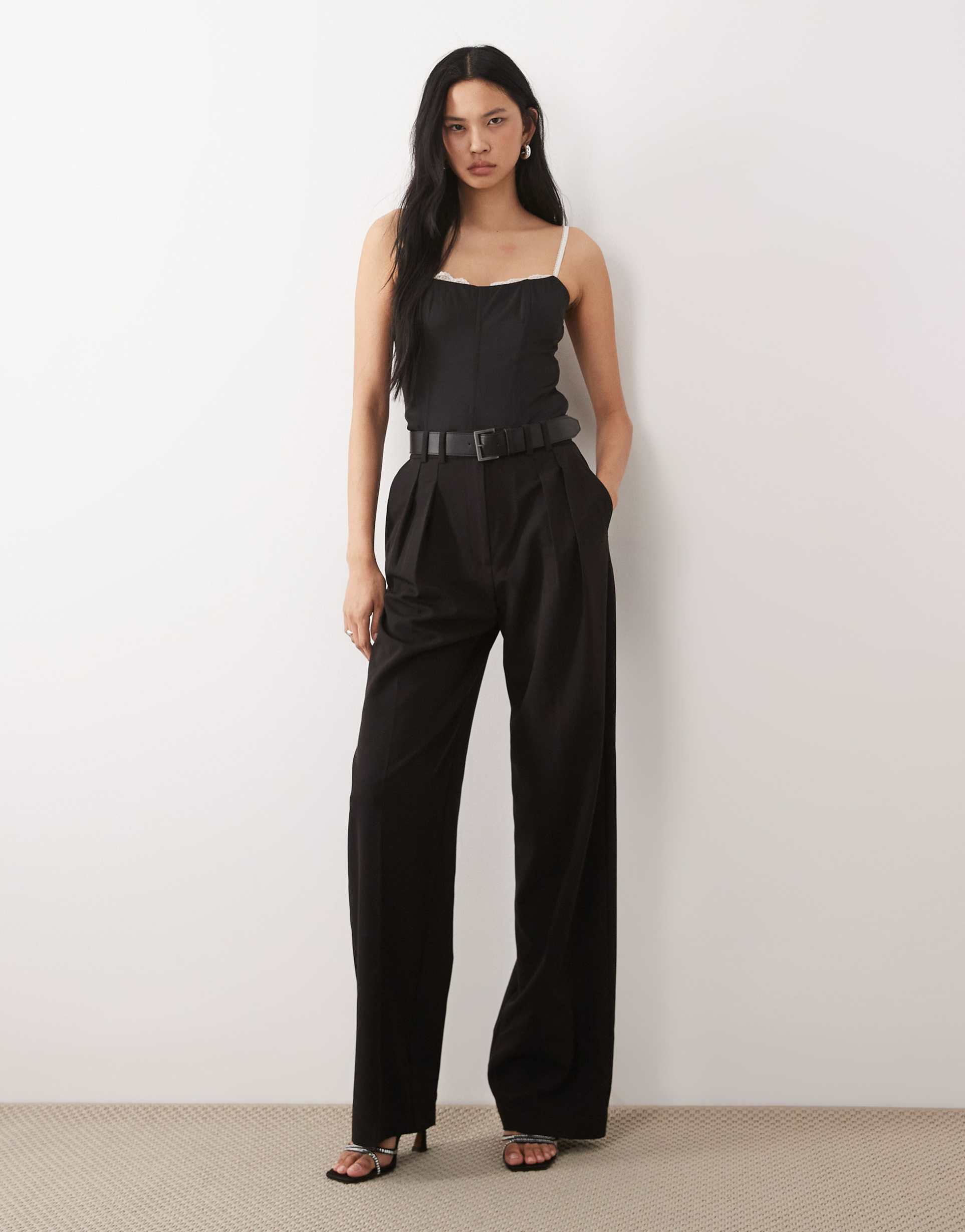 ASOS DESIGN Tall tailored belted wide leg trousers with pleat detail in black