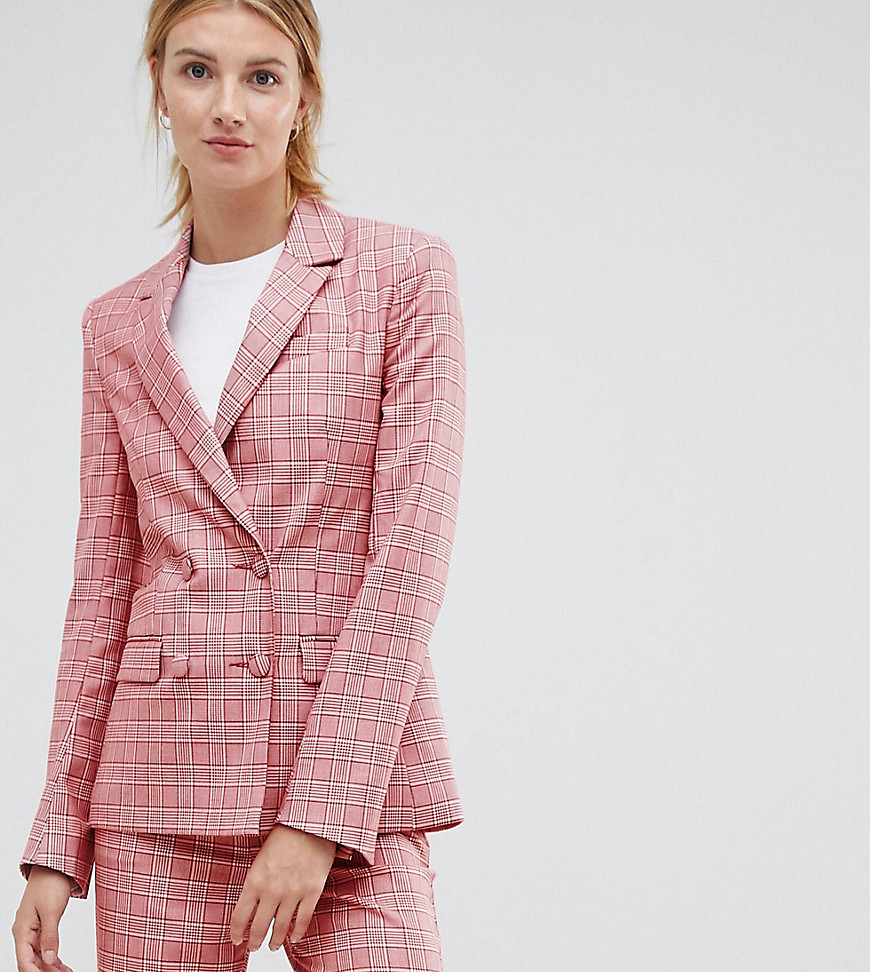 ASOS DESIGN Tall Tailored Double Breasted Blazer in Red Check-Multi