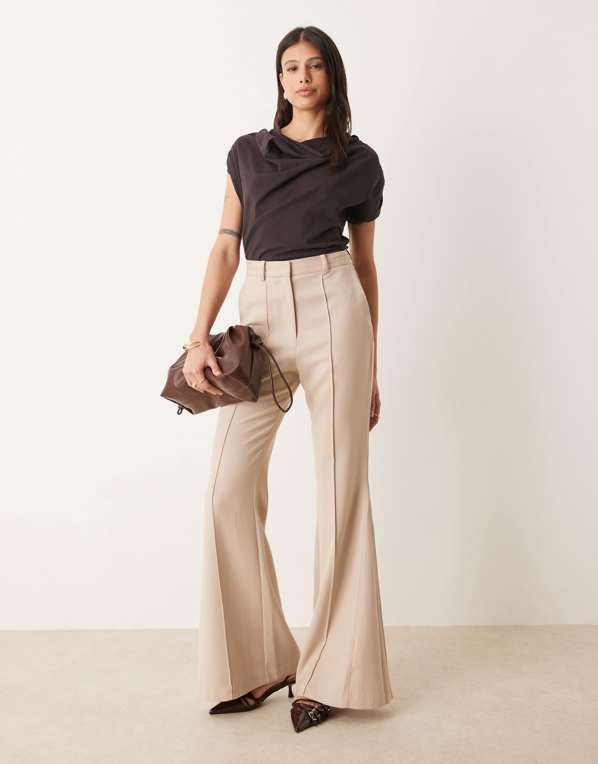 asos design tall tailored extreme slinky flare pants in beige
