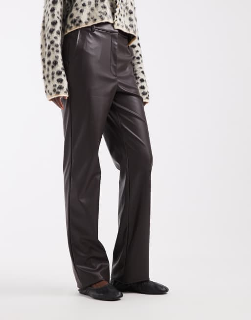 ASOS DESIGN Tall tailored faux leather straight leg trousers in brown, 2 of 5