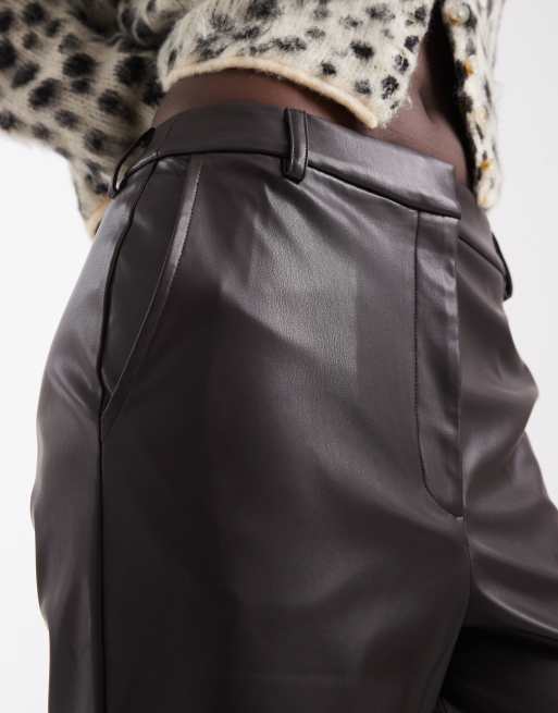 ASOS DESIGN Tall tailored faux leather straight leg trousers in brown, 3 of 5