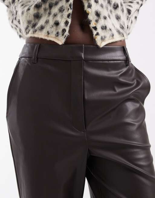 ASOS DESIGN Tall tailored faux leather straight leg trousers in brown, 5 of 5