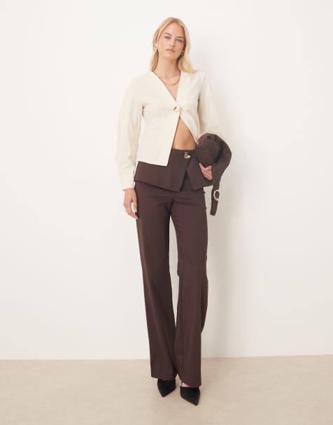 ASOS DESIGN Tall tailored fold over gold button straight leg pants in mulberry - view 1