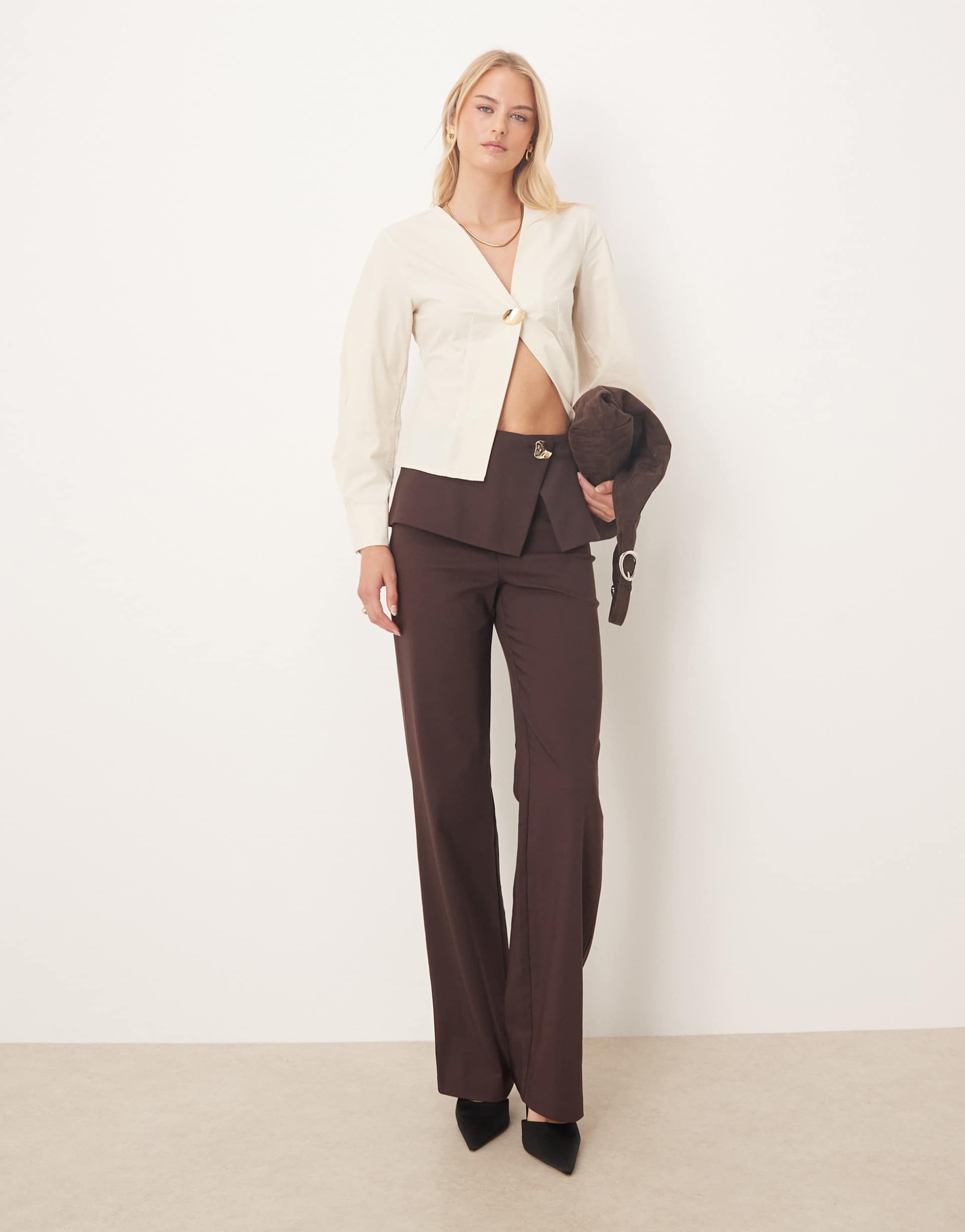 asos design tall tailored fold over gold-tone button straight leg pants in mulberry