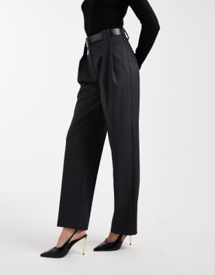 Asos Design Tall Tailored High Waist Belted Straight Leg Pants In Gray