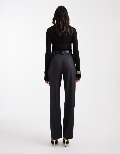 ASOS DESIGN Tall tailored high waist belted straight leg pants in heathered charcoal, 3 of 5