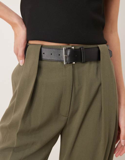 ASOS DESIGN Tall tailored high waist belted straight leg trousers in khaki , 2 of 5