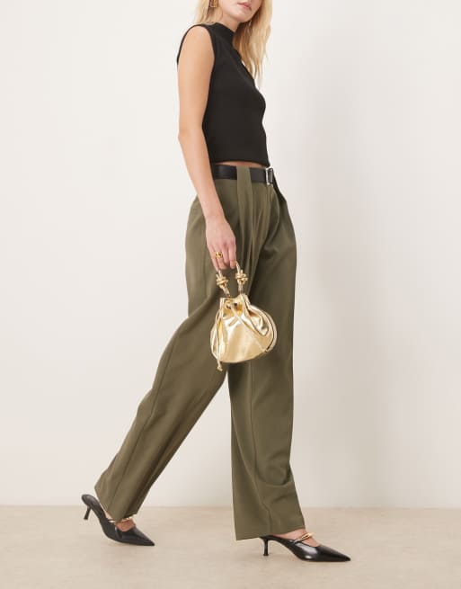 ASOS DESIGN Tall tailored high waist belted straight leg trousers in khaki , 4 of 5