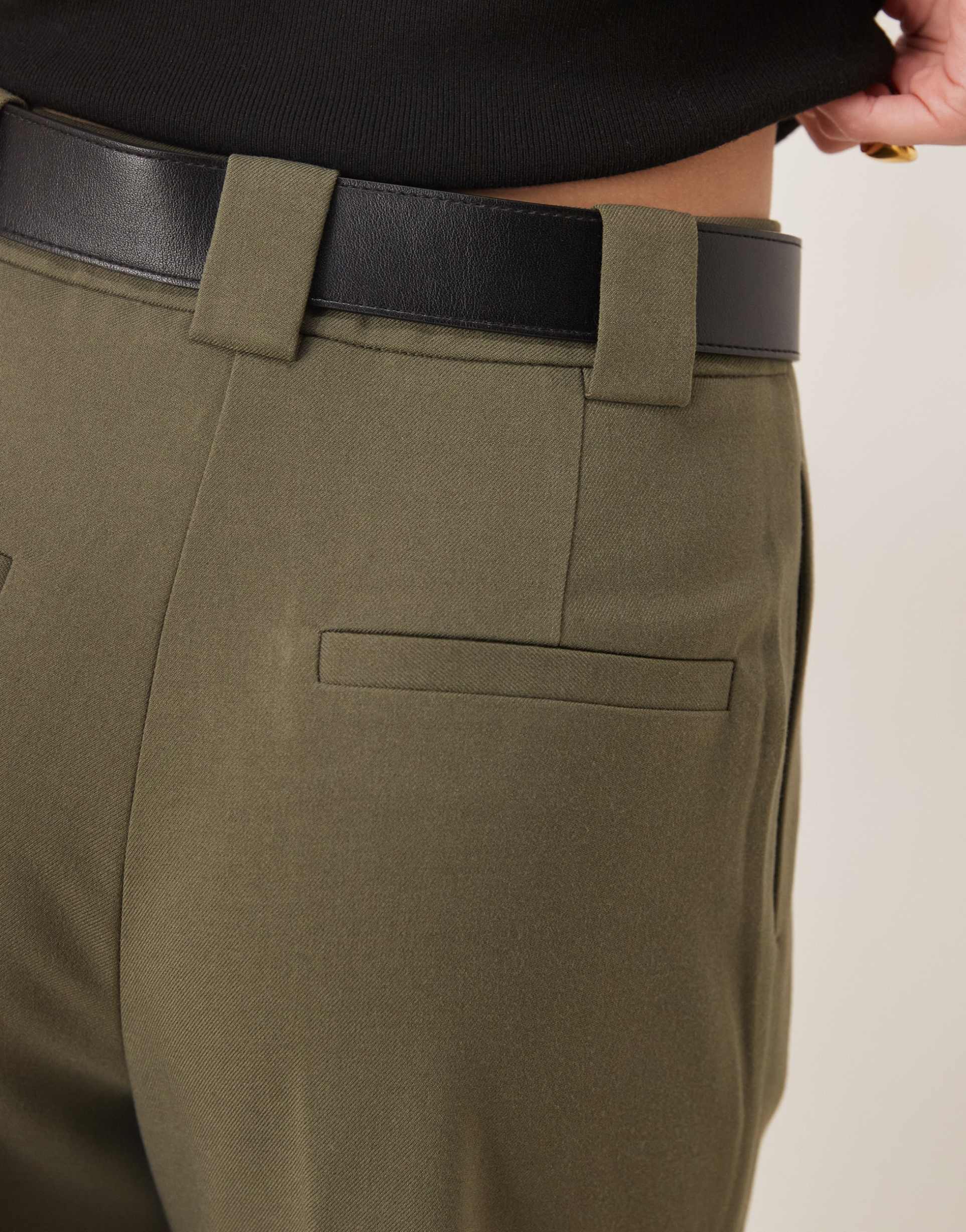 ASOS DESIGN Tall tailored high waist belted straight leg trousers in khaki 