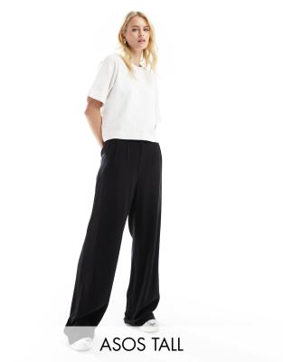 ASOS Tall ASOS DESIGN Tall tailored high waist seam detail wide leg linen trousers in black