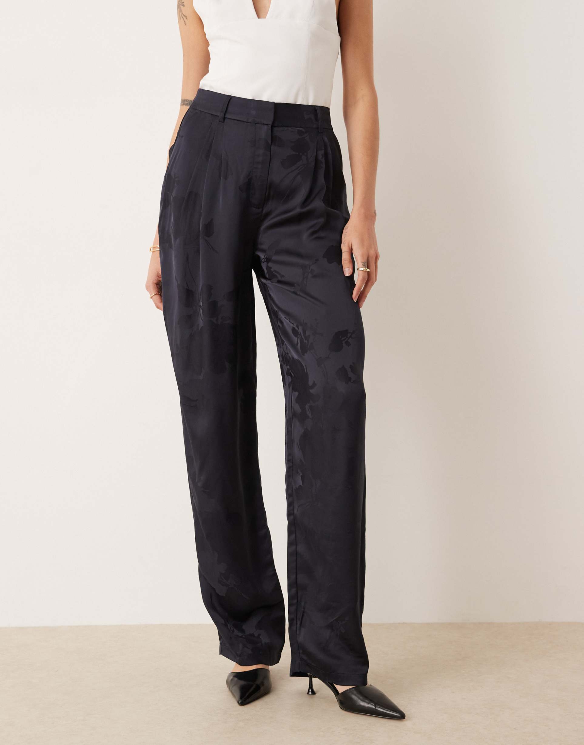 asos design tall tailored high waist straight leg satin jacquard pants in navy