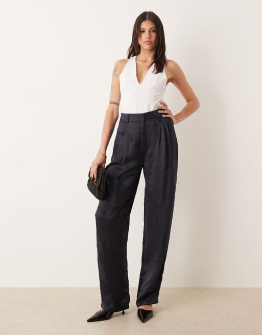 ASOS DESIGN Tall tailored high waist straight leg satin jacquard trousers in navy, 2 of 5