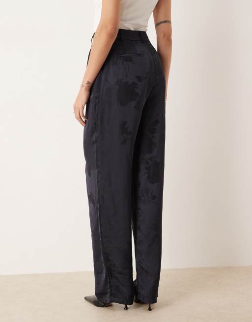 ASOS DESIGN Tall tailored high waist straight leg satin jacquard trousers in navy, 3 of 5