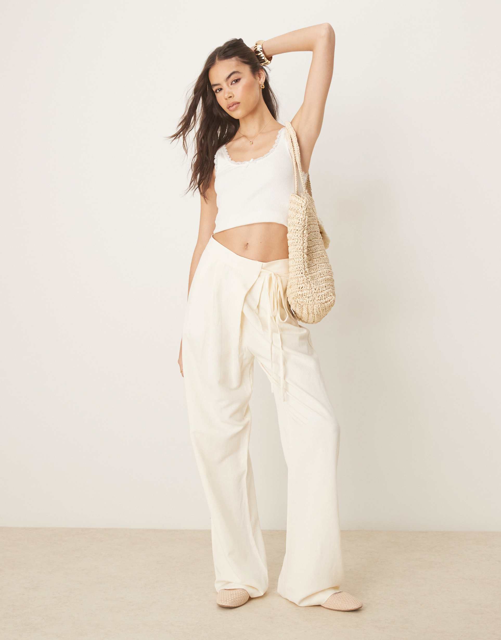asos design tall tailored linen mix wrap tie pants in ivory