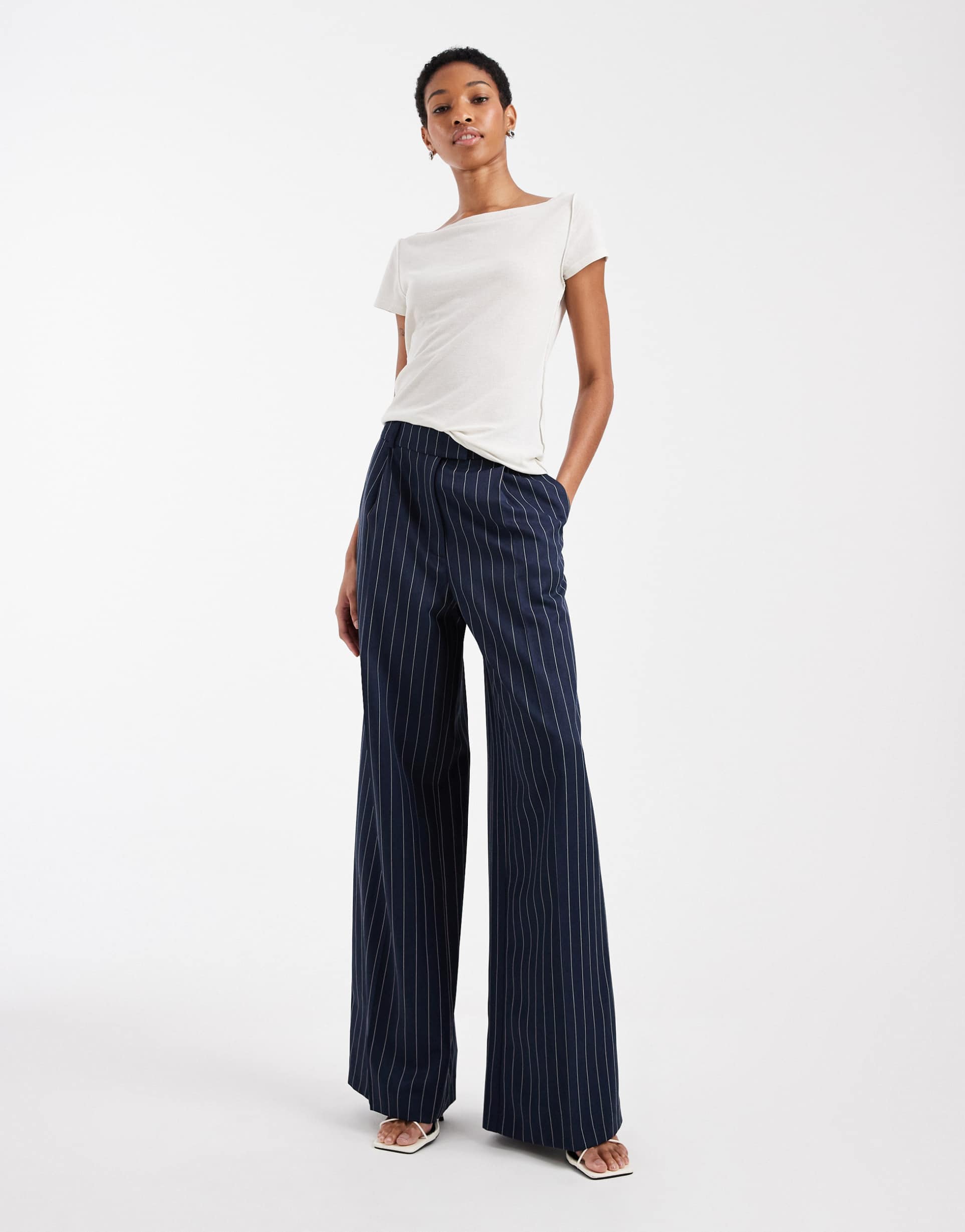 asos design tall tailored low rise wide leg menswear inspired pants in navy pinstripes