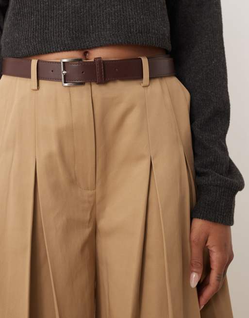 ASOS DESIGN Tall tailored pleated wide leg pants with belt in stone, 4 of 5