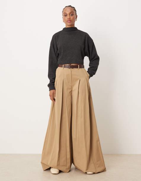 ASOS DESIGN Tall tailored pleated wide leg trousers with belt in stone - view 1