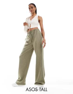 ASOS Tall ASOS DESIGN Tall tailored pull on trousers in olive stripe-Multi